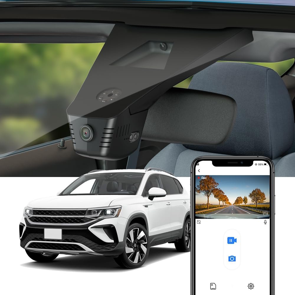 Fitcamx 4K Dash Cam Suitable for Volkswagen Taos 2022-2025 S SE Black SEL (HD2-6108), Integrated OEM Look, UHD 2160P Video, WiFi Connect & APP, Loop Recording, Parking Sensor, Plug & Play, 64GB Card