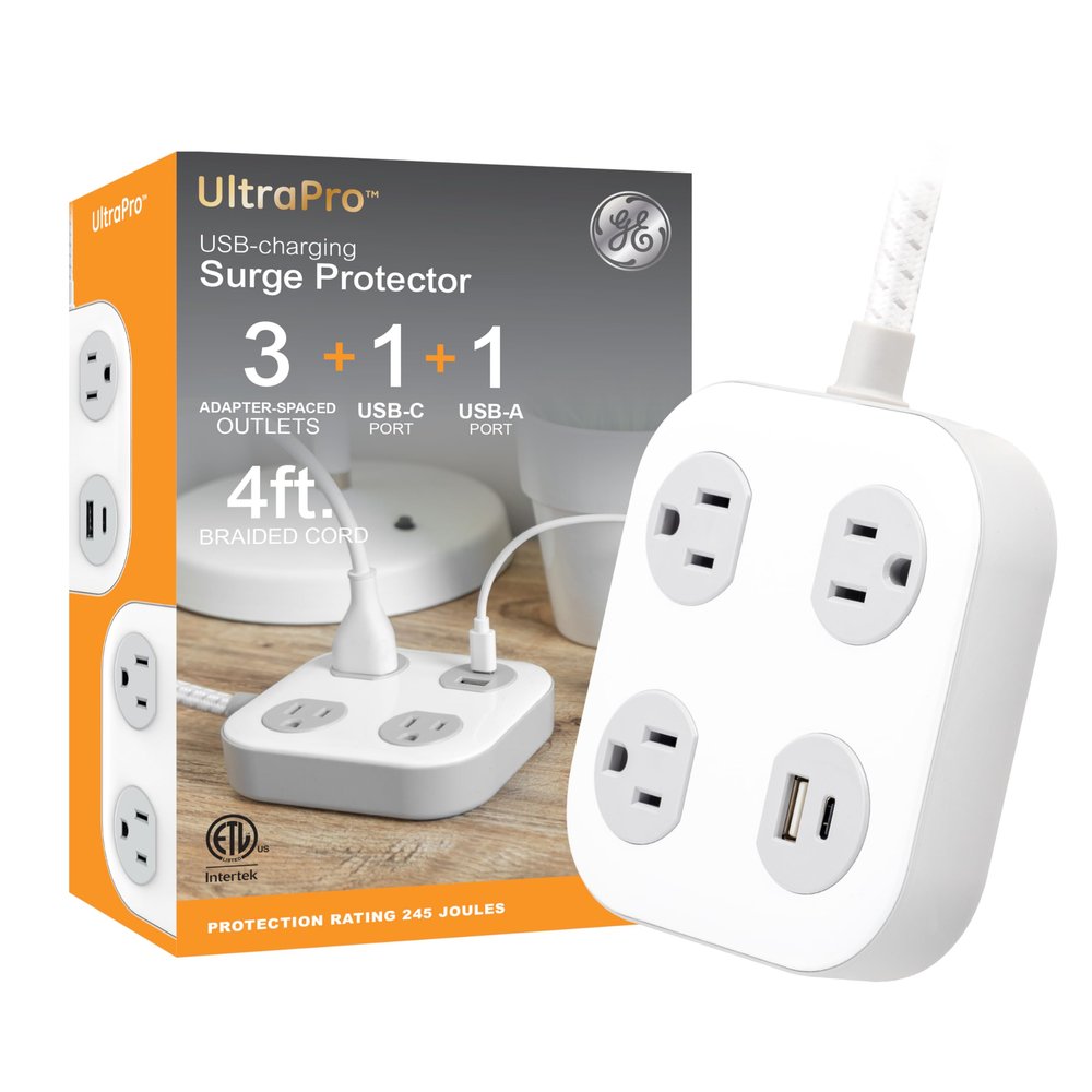 GE UltraPro 3-Outlet Surge Protector with 4ft Braided Cord, Power Strip, Extension Cord, Flat Plug, 1 USB-A & 1 USB-C Port, 245 Joules, for Home School & Office, Charging Station, White 81786