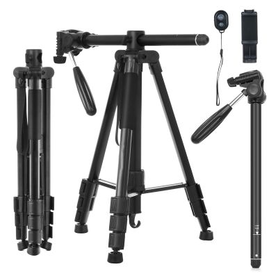 Camera Tripod Stand Lightweight Aluminum Alloy Portable 168CM 66.14Inch with Phone Clip Black
