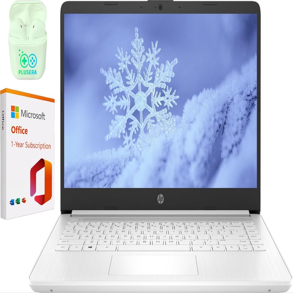 HP 14" Business & Student Laptop Computer with Microsoft Office 365 & 1TB OneDrive, Quad-Core Intel Processor, 320GB Storage (64GB SSD+256GB SD Card), 8GB RAM, Windows 11, PLUSERA Earphones, White
