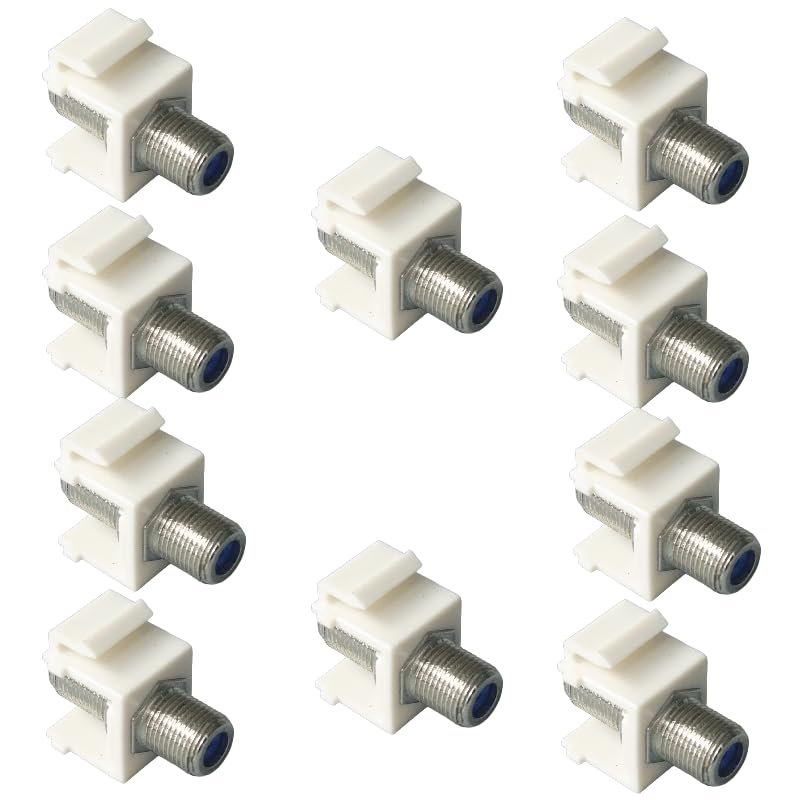 10 coaxial trapezoidal sockets, 3GHz coaxial Cable Connector, F-Type RG6 Cable Extender, Suitable for Wall Panels and Terminal Blocks (White, Plate with Nickel)