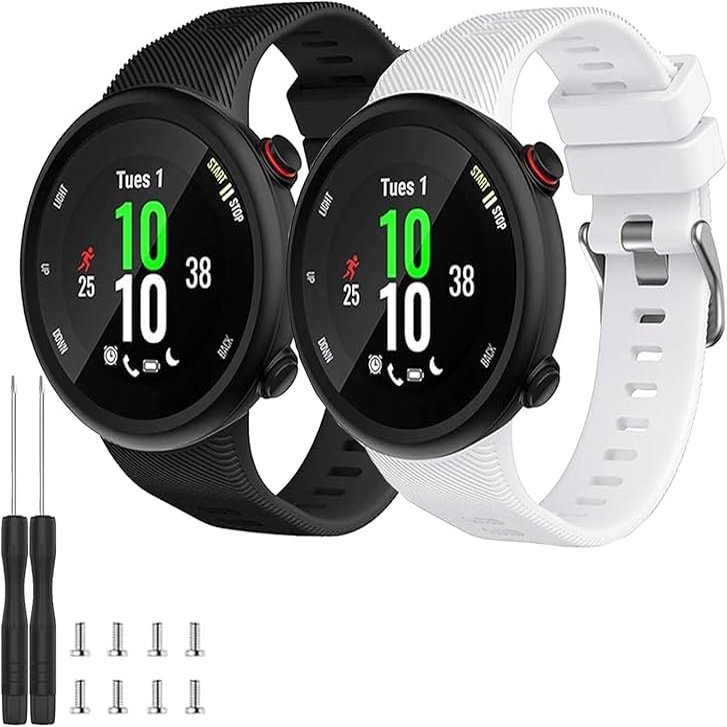 2 Pack Waterproof Band Compatible with Garmin Forerunner 45 Watch Band, Soft Silicone Sport Replacement Watch Band for Women Men (Black/White)