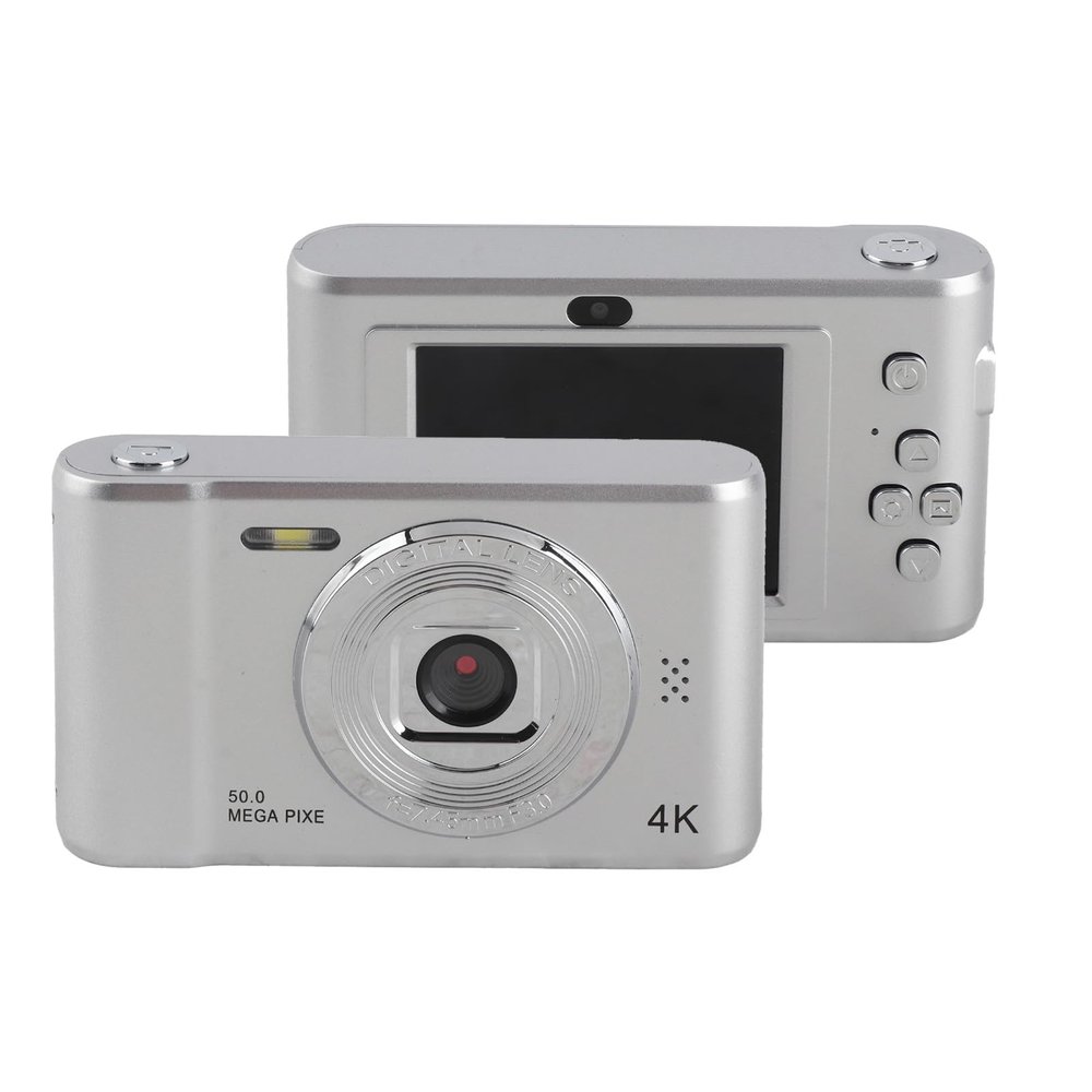 Digital Camera, 50MP Front and Rear Dual Lenses Camera, 2.4in TFT Screen HD Video Camera, Autofocus Compact Travel Camera for Vlogging (Silver)