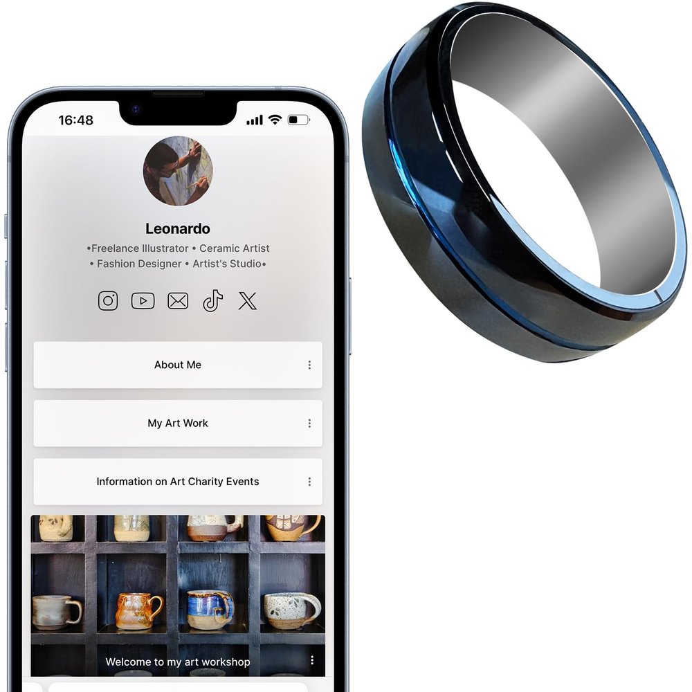 Tungsten Ring Digital Business Card - Waterproof NFC Ring - Social Media Sharing & Instant Contact - Tap to Share NFC - iOS and Android(Blue-#11)