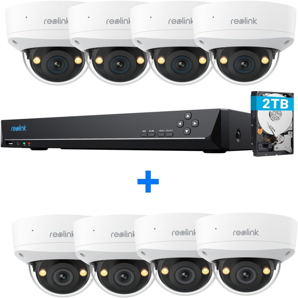 Reolink 12MP 8CH PoE Security Camera System with IK10 Vandalproof, 4pcs Dome PoE Cams, Spotlights Color Night Vision, Built-in 2TB HDD, Smart Detection, Two-Way Audio, RLK8-1200V4 with 4pcs RLC-540A