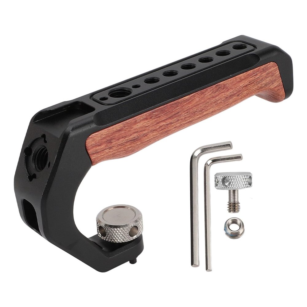 BTSEURY Camera Top Handle Wooden, Camera Top Handle with 3 Cold Shoes 1/4 Inch 3/8 Inch Threaded Hole Ergonomic Aluminum Alloy Camera Top Grip for DSLR Cameras