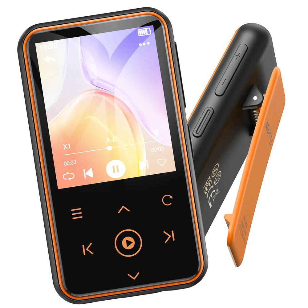 AGPTEK 64GB MP3 Player with Clip, 1.8 inch Bluetooth 5.3 Music Player with FM Radio, Voice Recorder for Sport Running, Supports up to 128GB TF Card, Model: M2, Orange