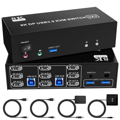 8K@60Hz Displayport KVM Switch 3 Monitors 2 Computers, 4K@144Hz KVM Switch DP 1.4 with 3 USB 3.0 Ports Sharing Keyboard and Mouse, Printer/Hard Drives, Desktop Controller