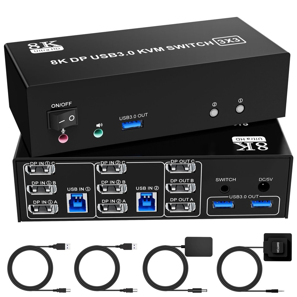 8K@60Hz Displayport KVM Switch 3 Monitors 2 Computers, 4K@144Hz KVM Switch DP 1.4 with 3 USB 3.0 Ports Sharing Keyboard and Mouse, Printer/Hard Drives, Desktop Controller