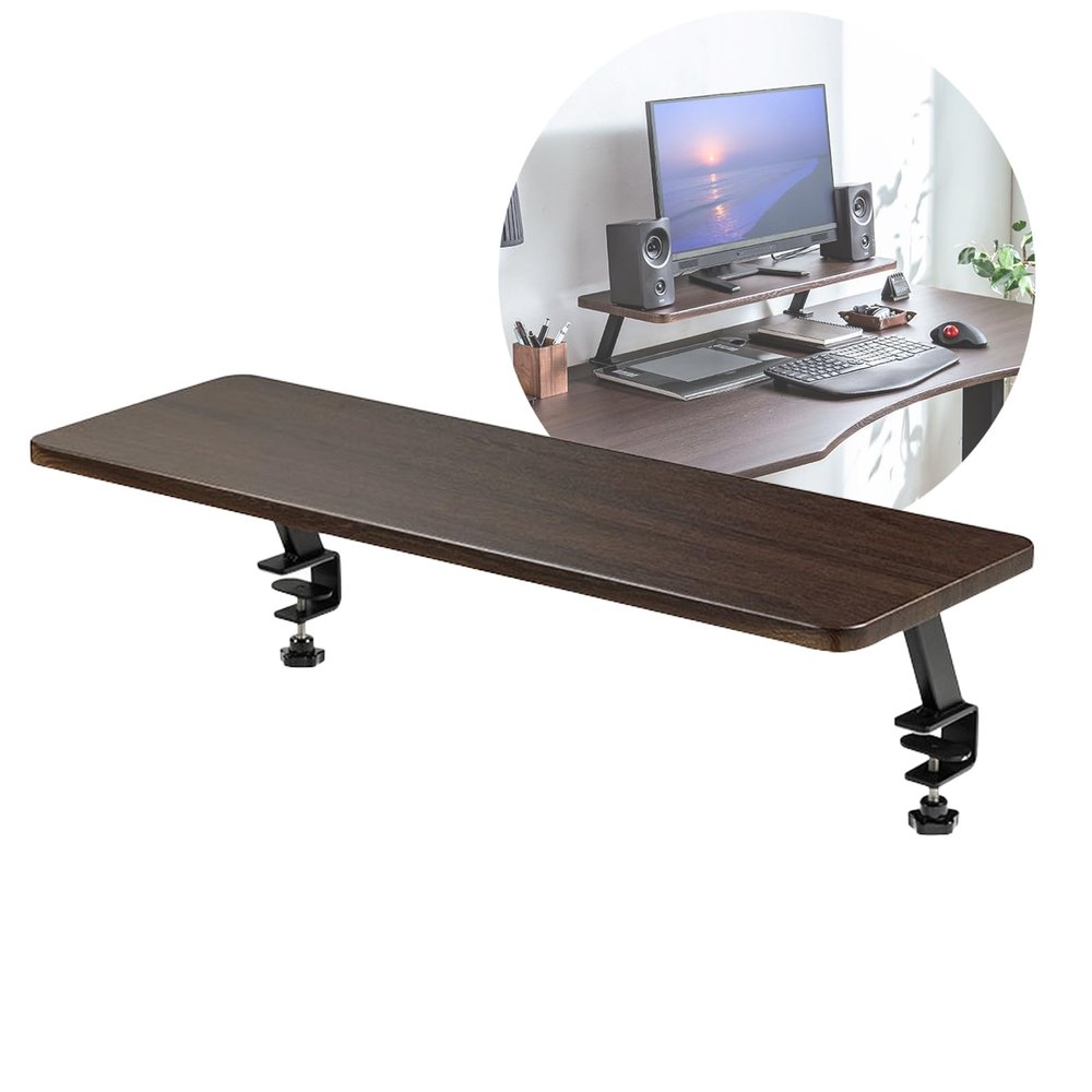ZLGONRL Brown,Clamp-on Monitor Shelf for Desk, 29.5" Walnut Monitor Stand with Metal Legs, Desk Storage Organizer for Computer,Laptop,Printer