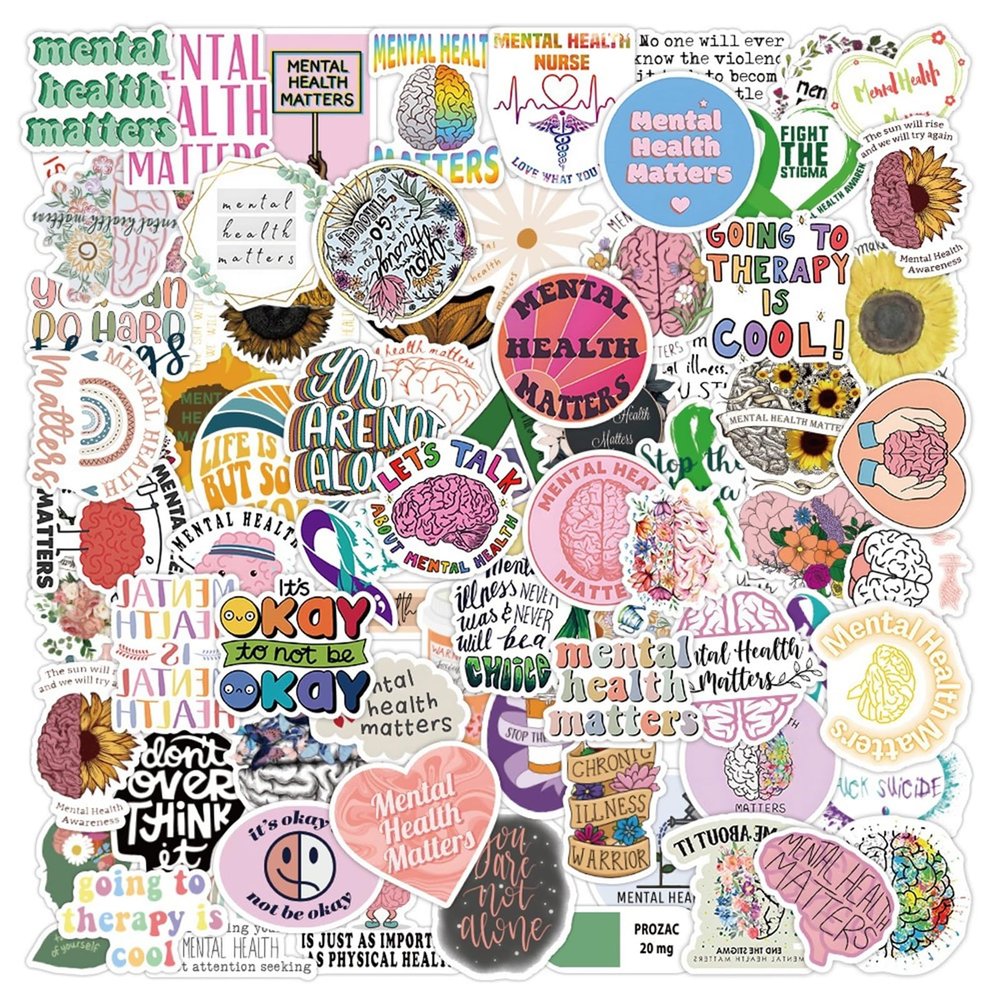 100Pcs Mental Health Matters Stickers for Laptop Water Bottles, Therapist Office Decor, Counselor Must Haves, Positive Quote Decals for Awareness