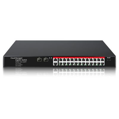 STEAMEMO 26-Port Gigabit Ethernet Switch | Smart Managed with 2 SFP Slots | QoS & VLAN Support | Rackmount/Desktop Metal Network Switch | Plug & Play Setup(Includes Power Adapter)