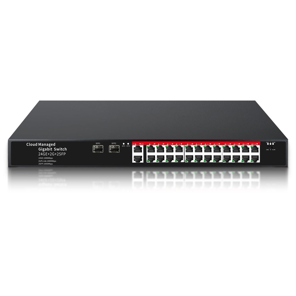 STEAMEMO 26-Port Gigabit Ethernet Switch | Smart Managed with 2 SFP Slots | QoS & VLAN Support | Rackmount/Desktop Metal Network Switch | Plug & Play Setup(Includes Power Adapter)