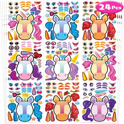 24 Pcs Make Your Own Unicorn Sticker Sheets for Kids, Unicorn Face Stickers for Kids Toddlers Crafts Activities Gifts Goodie Bags Birthday Party Favors for Toddlers