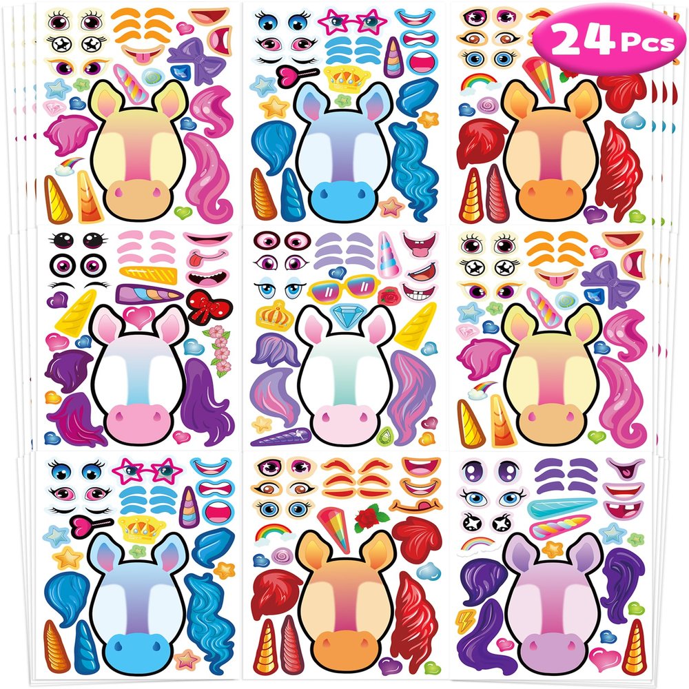 24 Pcs Make Your Own Unicorn Sticker Sheets for Kids, Unicorn Face Stickers for Kids Toddlers Crafts Activities Gifts Goodie Bags Birthday Party Favors for Toddlers