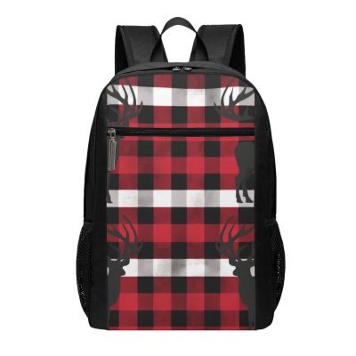 Dwrepo Large Laptop Backpack for Women Buffalo Plaid Deer Computer Bag for Men Gym Backpack 17 Inch Fashion Travel Daypack