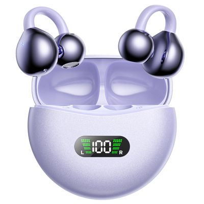 ABCDONG Wireless Earbuds Open Ear Clip On Headphones with LED Digital Display Charging Case Touch Control Bluetooth 5.4 Air Conduction Sport Earphones for Running Fitness, Medium Purple