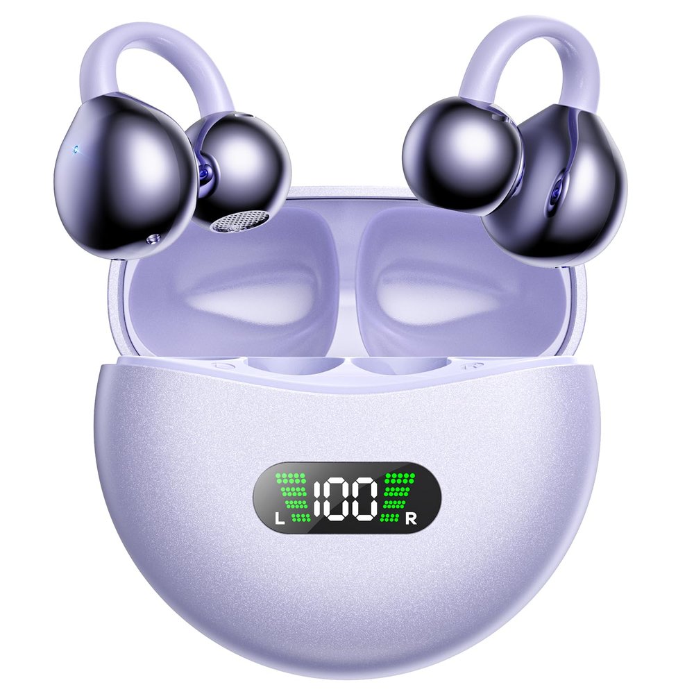 ABCDONG Wireless Earbuds Open Ear Clip On Headphones with LED Digital Display Charging Case Touch Control Bluetooth 5.4 Air Conduction Sport Earphones for Running Fitness, Medium Purple