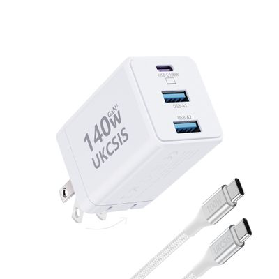 140W Mac Book Charger, USB C Fast Charger Foldable 3-Port Multi-Device Fast Power Adapter, USB C Charger for MacBook pro/Air, Dell, Samsung Galaxy, iPad Pro, and More (White)