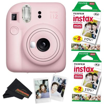 Fujifilm Instax Mini 12 Camera with Fujifilm Instant Mini Film (40 Sheets) Bundle with + Sunshine Photo Microfiber Cleaning Cloth (Blossom Pink)