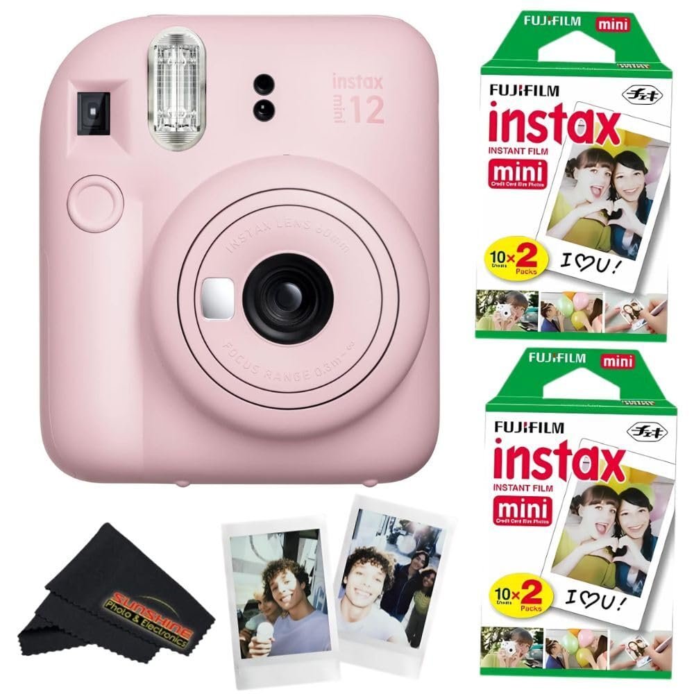 Fujifilm Instax Mini 12 Camera with Fujifilm Instant Mini Film (40 Sheets) Bundle with + Sunshine Photo Microfiber Cleaning Cloth (Blossom Pink)