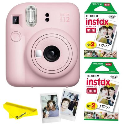 Fujifilm Instax Mini 12 Instant Camera Bundled with Instax Mini Instant Films (2 Twin Packs) and BuzzPhoto Microfiber Cleaning Cloth (Blossom Pink)