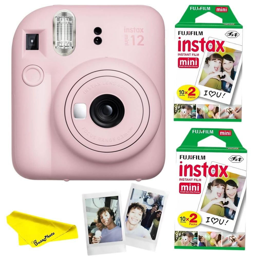 Fujifilm Instax Mini 12 Instant Camera Bundled with Instax Mini Instant Films (2 Twin Packs) and BuzzPhoto Microfiber Cleaning Cloth (Blossom Pink)