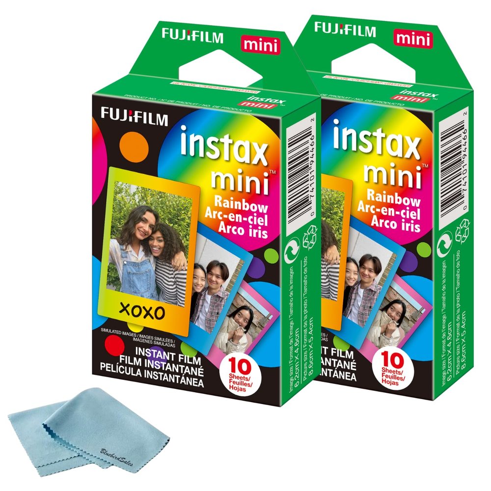 Fujifilm Instax Mini Instant Rainbow Film, 20 Sheets + BluebirdSales Microfiber Cleaning Cloth