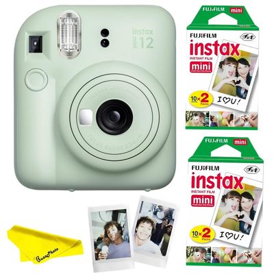 Fujifilm Instax Mini 12 Instant Camera Bundled with Instax Mini Instant Films (2 Twin Packs) and BuzzPhoto Microfiber Cleaning Cloth (Mint Green)