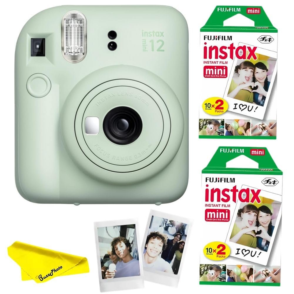 Fujifilm Instax Mini 12 Instant Camera Bundled with Instax Mini Instant Films (2 Twin Packs) and BuzzPhoto Microfiber Cleaning Cloth (Mint Green)