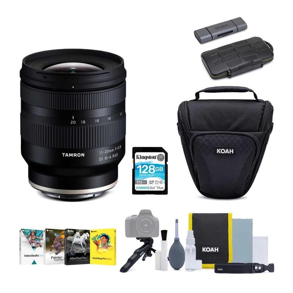 Tamron B060X 11 to 20mm F2.8 Di III-A Lens for Fujifilm X APS-C Mirrorless Cameras Bundle with Software Suite, Camera Case, Card Reader, and 128GB Memory Card (5 Items)