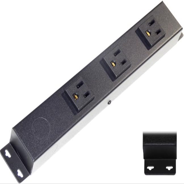 10 Hardwired Power Strip (NO Power Cord), 3 Vertical Outlets (NOT Tamper Resistant), with Ears (with mounting tabs on Both Ends), 15A (NOT a 20 Amp Unit), Black