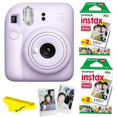 Fujifilm Instax Mini 12 Instant Camera Bundled with Instax Mini Instant Films (2 Twin Packs) and BuzzPhoto Microfiber Cleaning Cloth (Lilac Purple)