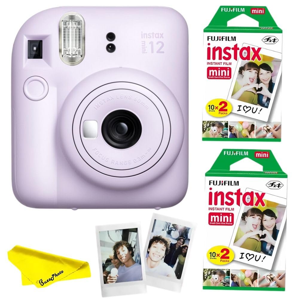 Fujifilm Instax Mini 12 Instant Camera Bundled with Instax Mini Instant Films (2 Twin Packs) and BuzzPhoto Microfiber Cleaning Cloth (Lilac Purple)
