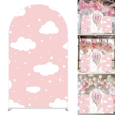 Adventure Awaits Hot Air Balloon Arched Backdrop Cover Pink Floral and Map Design Spandex Cover for Travel Theme Baby Shower Birthday Party Adventure Event Decor (G3289,6.5x3.3ft)