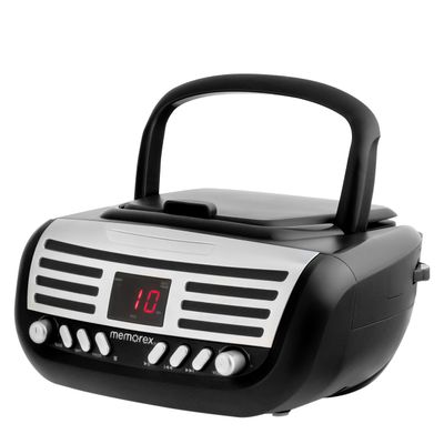 Memorex AM/FM Top Loading CD Player | Portable Stereo with Programmable Memory | Auxiliary Input and LED Display (Black, Retro CD Boombox)