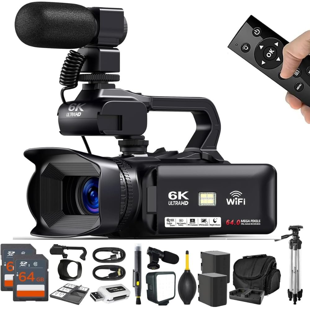 KLIOMAX 4K/6K Video Camera Camcorder  64MP Vlogging Camera for YouTube, 60FPS, 18X Zoom  with Mic, LED Light, Tripod & 264GB Cards  WiFi, Webcam Bundle