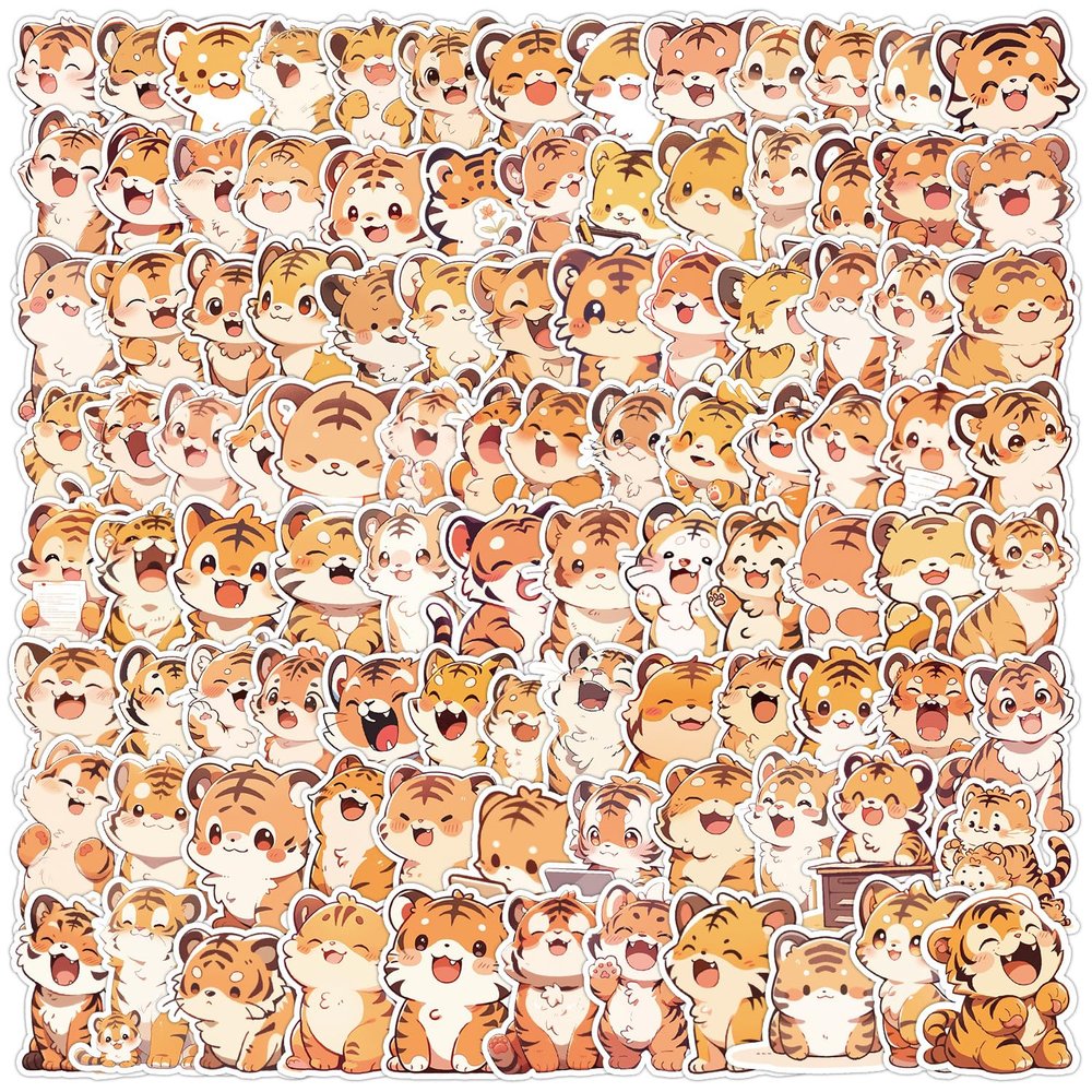100 Packs Tiger Stickers Water Bottles Laptop Phone Computer Guitar Skateboard Hydroflasks Tiger Vinyl Sticker Waterproof Aesthetic Trendy Decals for Kids Teens Girls Adults