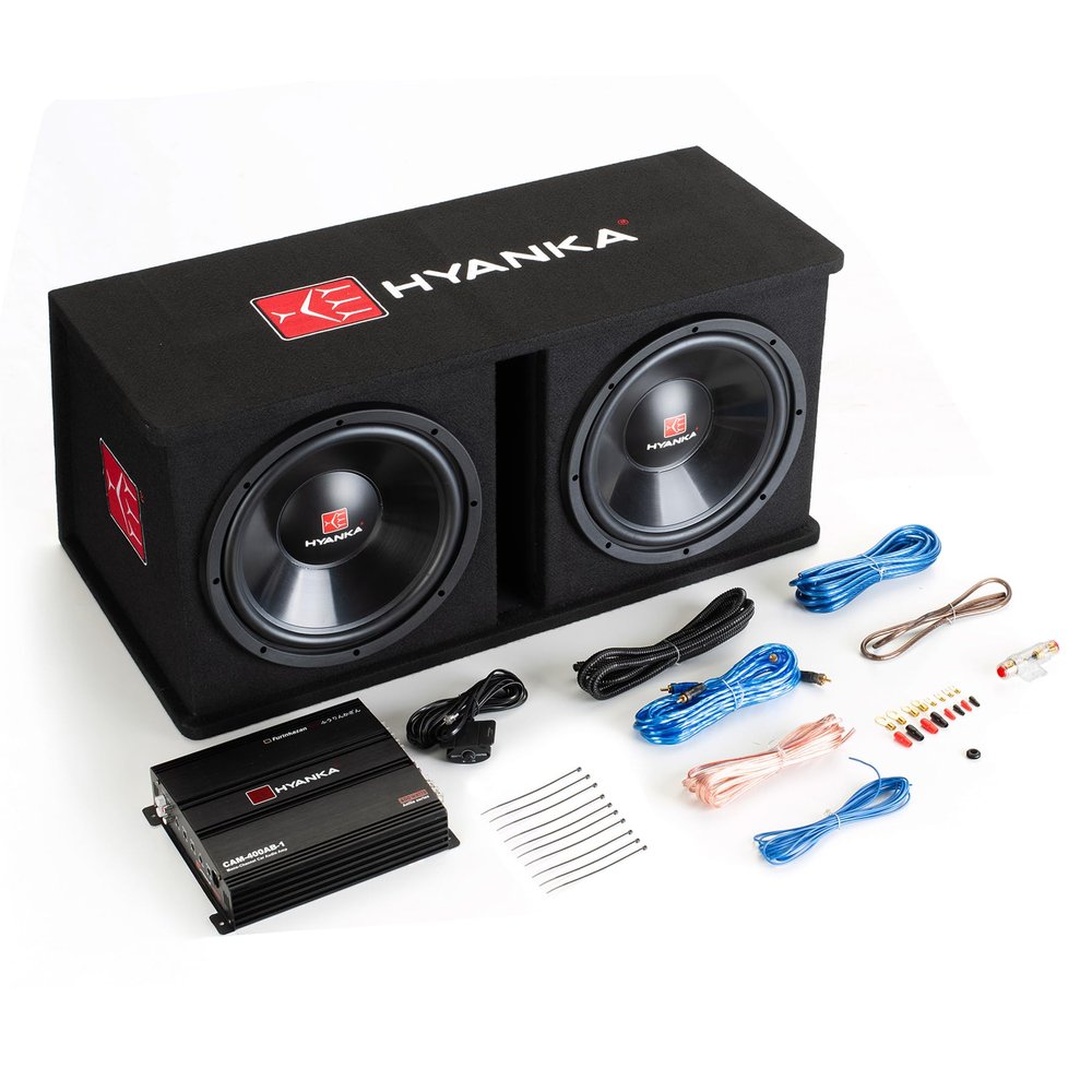 H YANKA SKP-D12M 1200W Dual 12" Car Subwoofer Enclosure Kit  MDF Box, Mono Amplifier, Complete Wiring Kit, High-Bass Output for Cars, Trucks, and SUVs