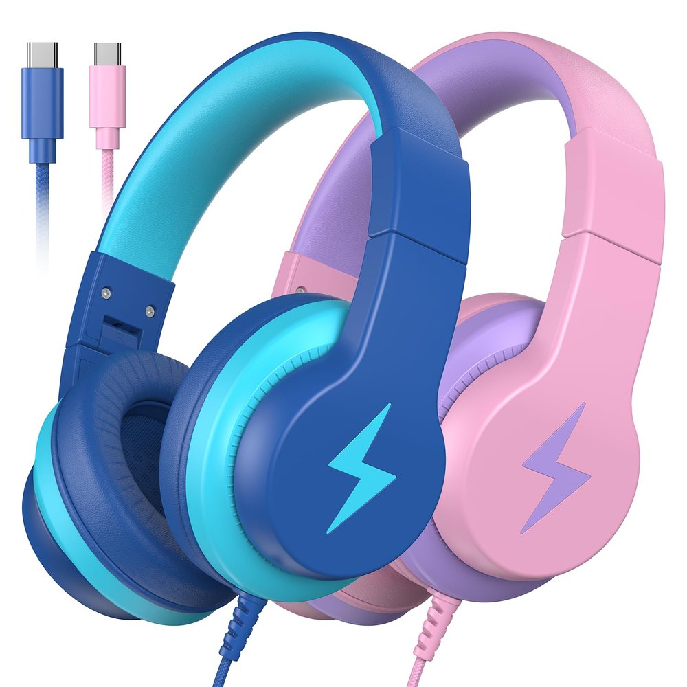 Kids Headphones for School 2 Pack, Upgrade USB C Headphones for Kids, Wired Headphone for Kid, HD Stereo Sound, Foldable Kid Over-Ear Headphone for Boys,Girls,iPad,PC,Tablets,Travel-Pink+Blue