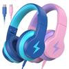 Kids Headphones for School 2 Pack, Upgrade USB C Headphones for Kids, Wired Headphone for Kid, HD Stereo Sound, Foldable Kid Over-Ear Headphone for Boys,Girls,iPad,PC,Tablets,Travel-Pink+Blue view 1
