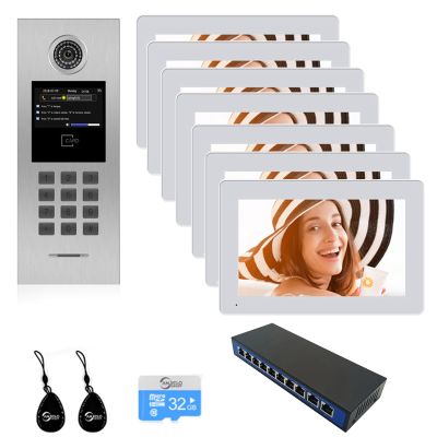 Tuya Smart Video Intercom System 6 Unit 7 Inch IP Video Intercom Phone for Apartment Building Security Home Access Control System with Digital Keypad and IC Card (1 Doorbell+7 Monitor+1 POE)
