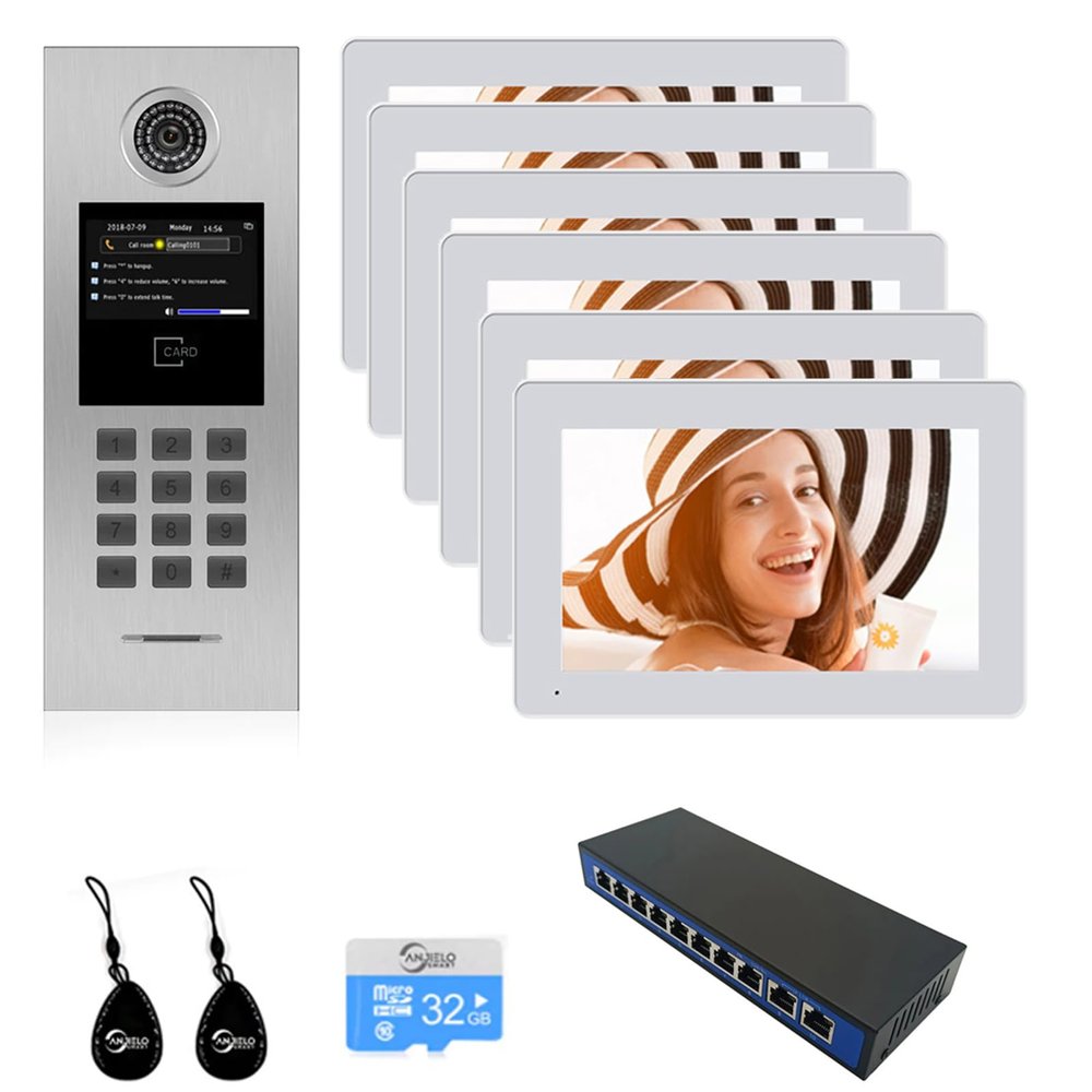 Tuya Smart Video Intercom System 6 Unit 7 Inch IP Video Intercom Phone for Apartment Building Security Home Access Control System with Digital Keypad and IC Card (1 Doorbell+6 Monitor+1 POE)