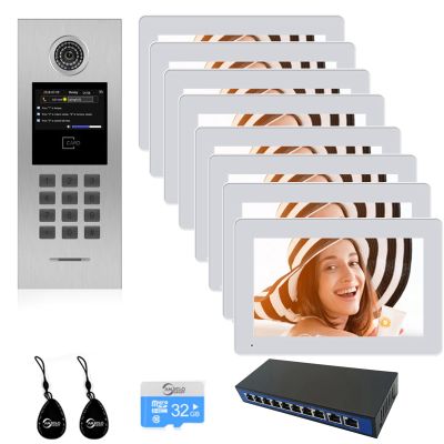 Tuya Smart Video Intercom System 6 Unit 7 Inch IP Video Intercom Phone for Apartment Building Security Home Access Control System with Digital Keypad and IC Card (1 Doorbell+8 Monitor+1 POE)
