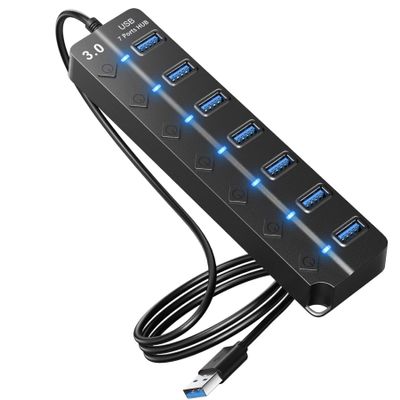 7-Port USB Hub 3.0, USB Splitter Multiport Adapter with Individual Power Switch and Lights, Fast Data Transfer USB Extender for MacBook, Laptop, PC, Flash Drive, Mobile HDD, Windows/XPS