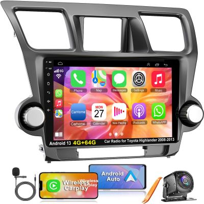 4G+64G Car Radio for Toyota Highlander 2008 2009 2010 2011 2012 2013, Wireless Carplay&Android Auto with Android 13 Support Bluetooth/Voice Control/GPS/WiFi/SWC/FM, 10.1 Inch IPS Touch Screen