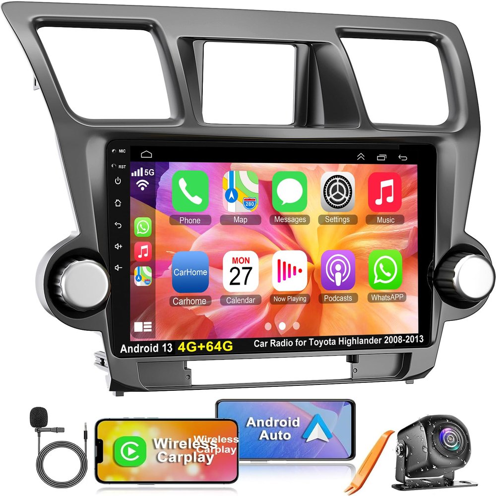 4G+64G Car Radio for Toyota Highlander 2008 2009 2010 2011 2012 2013, Wireless Carplay&Android Auto with Android 13 Support Bluetooth/Voice Control/GPS/WiFi/SWC/FM, 10.1 Inch IPS Touch Screen
