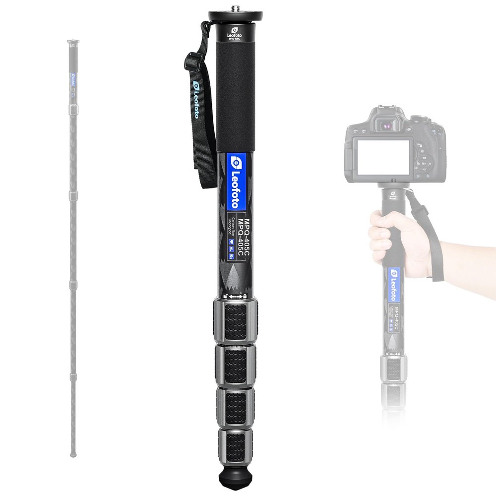 LEOFOTO Camera Monopod Carbon Fiber Portable Compact Lightweight Travel Monopod with Wrist Strap, Silicone Handle, Twist Locks, 5-Section up to 185cm, Max Load 25kg(MPQ-405C)