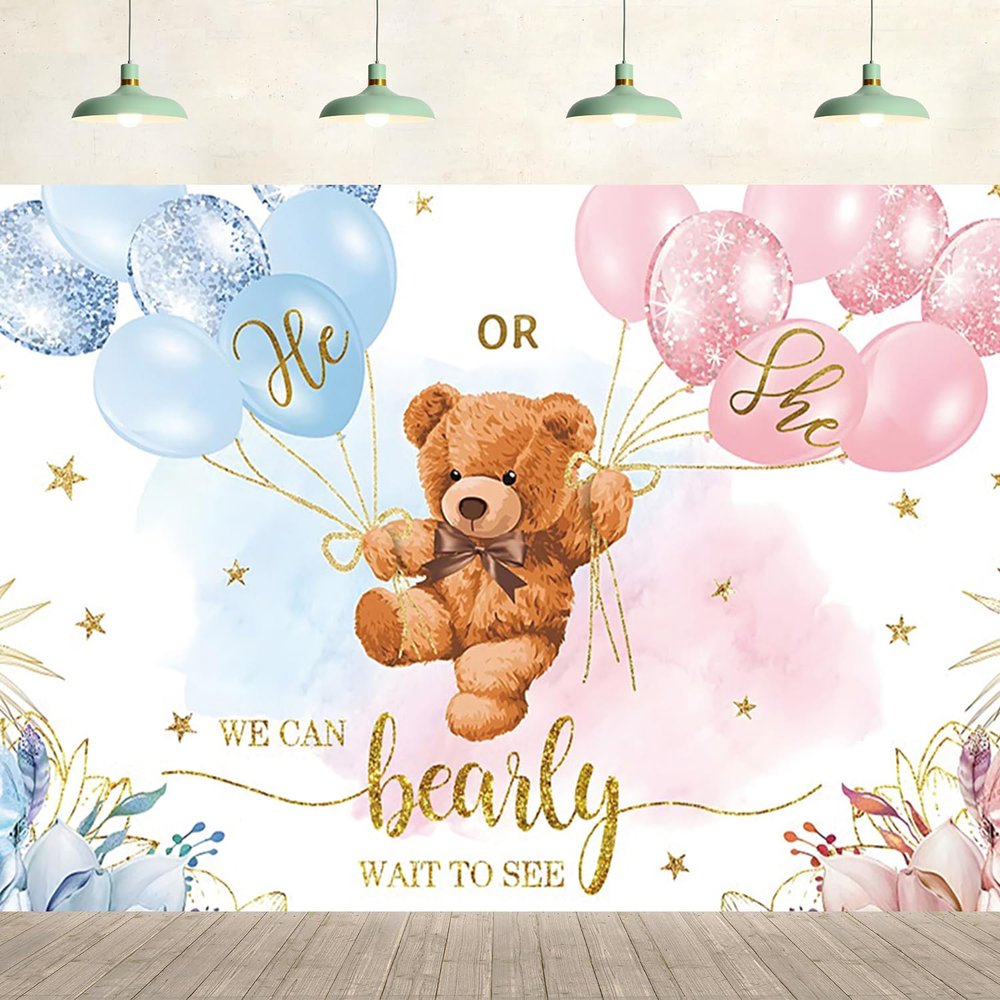 15x8ft Gender Reveal Backdrop He or She We Can Bearly Wait to Meet You Pink Blue Balloon Bear Background Kids Portraits Party Supplies Wall Cake Table Decoration Children Photo Studio Props