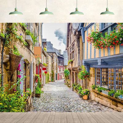 10x8ft Town Street Backdrop Italy Village Buildings Vintage House Sunlight Stone Road Flowers Background Holiday Travel Kids Adult Portraits Party Decoration Girl Women Photo Studio Props